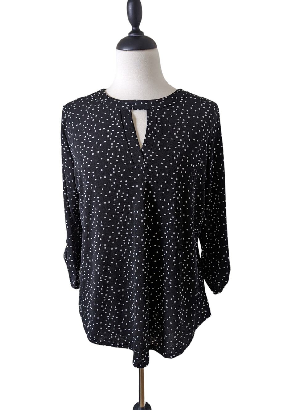 Cure. Black with White Polka Dot 3/4 Sleeve Keyhole Design Blouse Size L